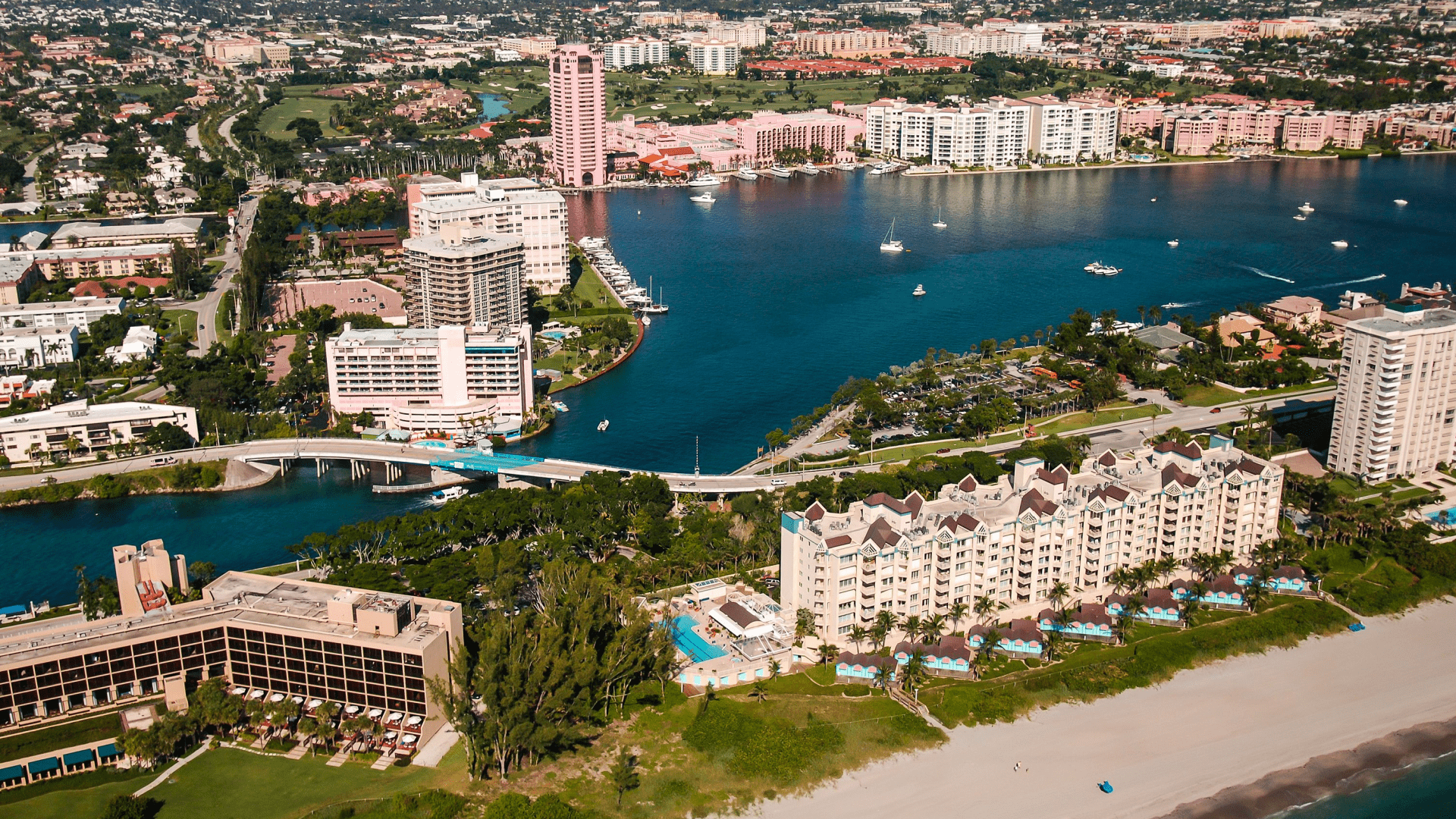 Aerial view looking west over Boca Raton Florida beach and intracoastal waterway